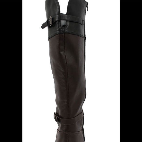 Brown two tone knee high riding heel low heel boot - Picture 3 of 5